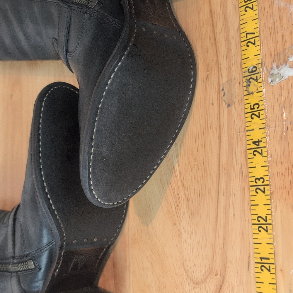Frye Leather Black Knee High Women's Western Strappy Boots Stacked Heel - Picture 8 of 15